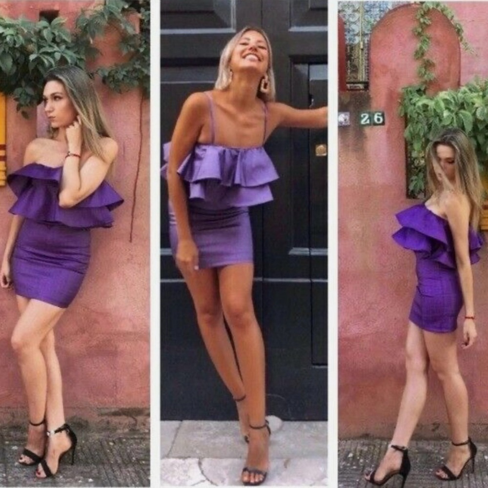ZARA Ruffled Ruffle Metallic Thread Mini Cocktail Dress in Purple Size Small - Picture 8 of 16